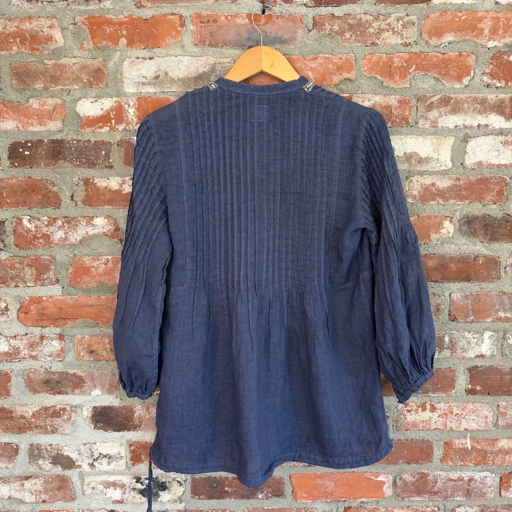 120%‎ Lino Navy Beaded Linen Blouse Split Neck US 8 - Picture 5 of 14